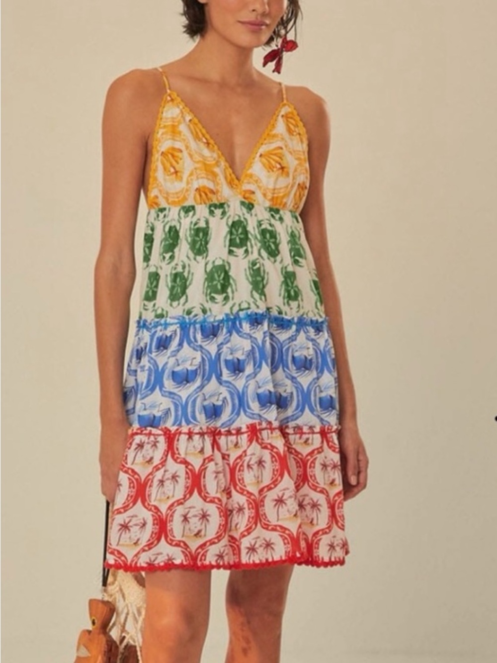 Farm Rio summer mix mini dress Tiered Spaghetti-Strap Summer Dress